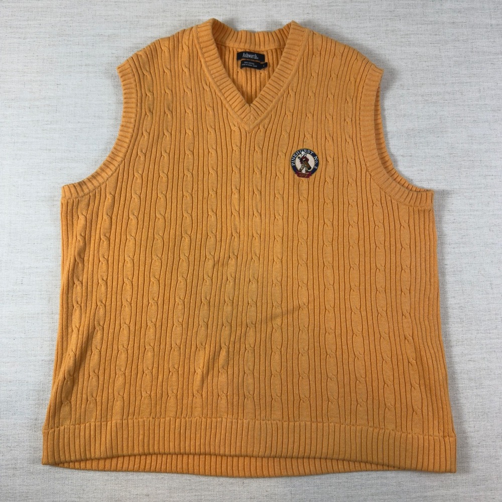Ashworth Mens Orange Cable Knit Sweater Vest Pinehurst No 2 Golf Logo Large